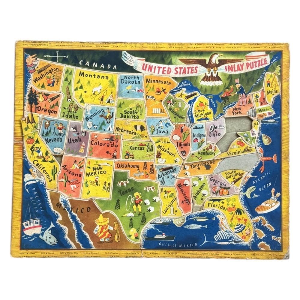 Vintage 1950s United States Map Inlay Puzzle‎ by Saalfield USA Educational Toy